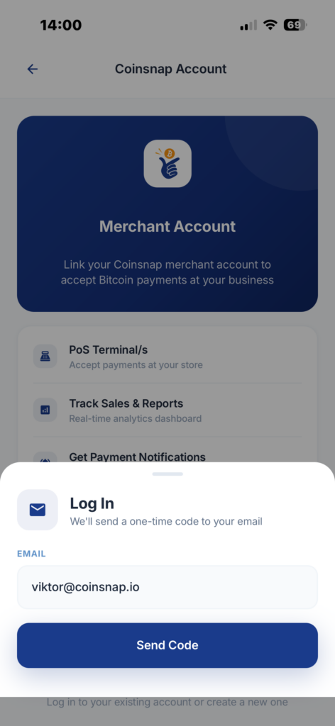 Enter the Coinsnap Merchant Account email address
