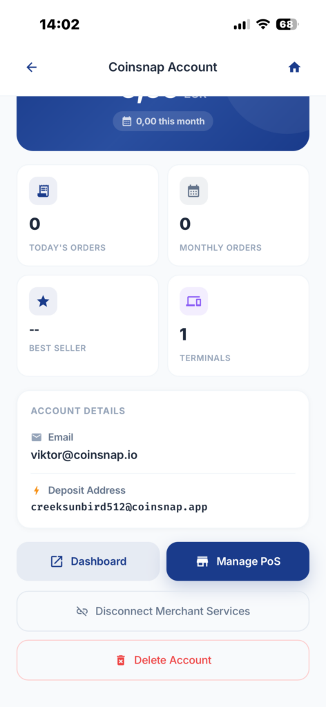 Manage PoS button in the connected Coinsnap Merchant Account
