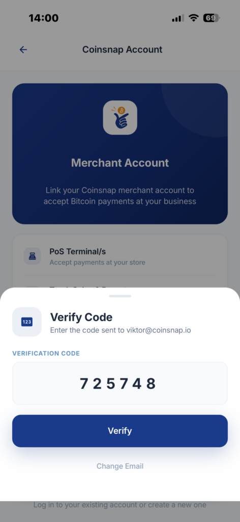 Verify the Coinsnap Merchant Account with an email code