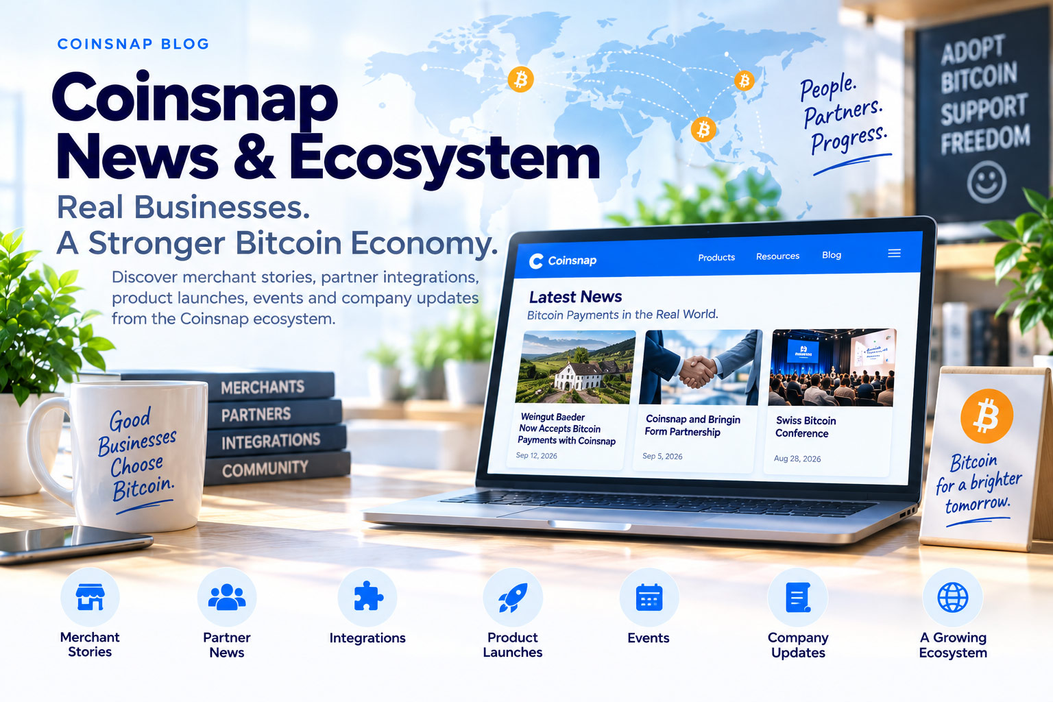 Coinsnap News and Ecosystem with merchant stories, partnerships, integrations, product launches and Bitcoin payment adoption