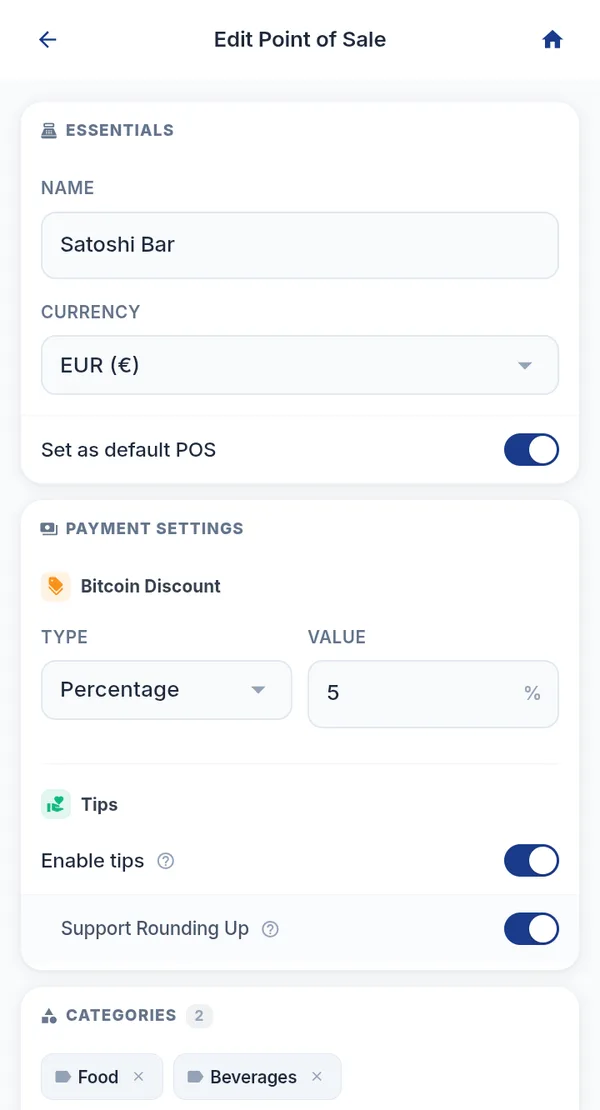 Edit Point of Sale screen with a Bitcoin Discount of 5 percent