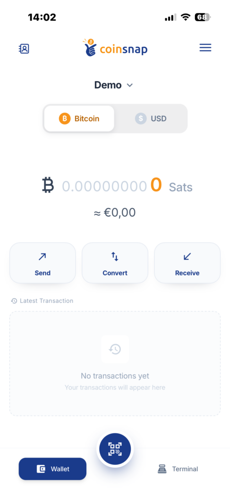 Newly installed Coinsnap Wallet before setting up Kiosk Mode