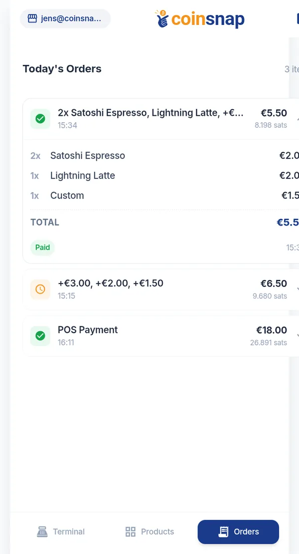 Orders list in the Point of Sale