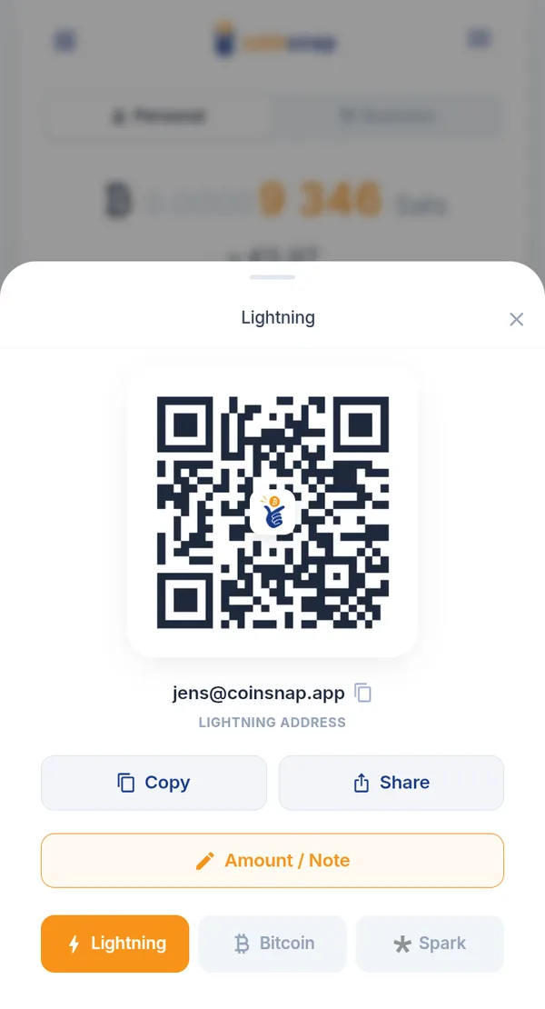 Receive screen with QR code and Lightning address jens@coinsnap.app