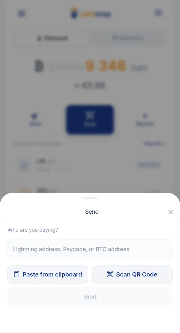 Send screen: enter a Lightning address or scan a QR code