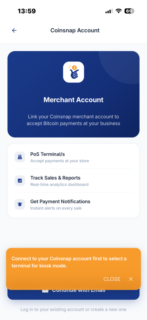 Connect a Coinsnap Merchant Account to use Kiosk Mode
