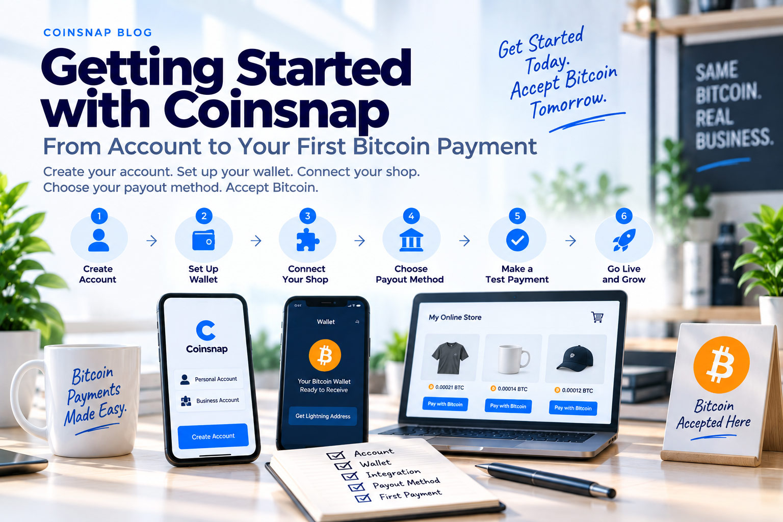 Getting started with Coinsnap from creating an account and setting up a wallet to connecting a shop and accepting the first Bitcoin payment
